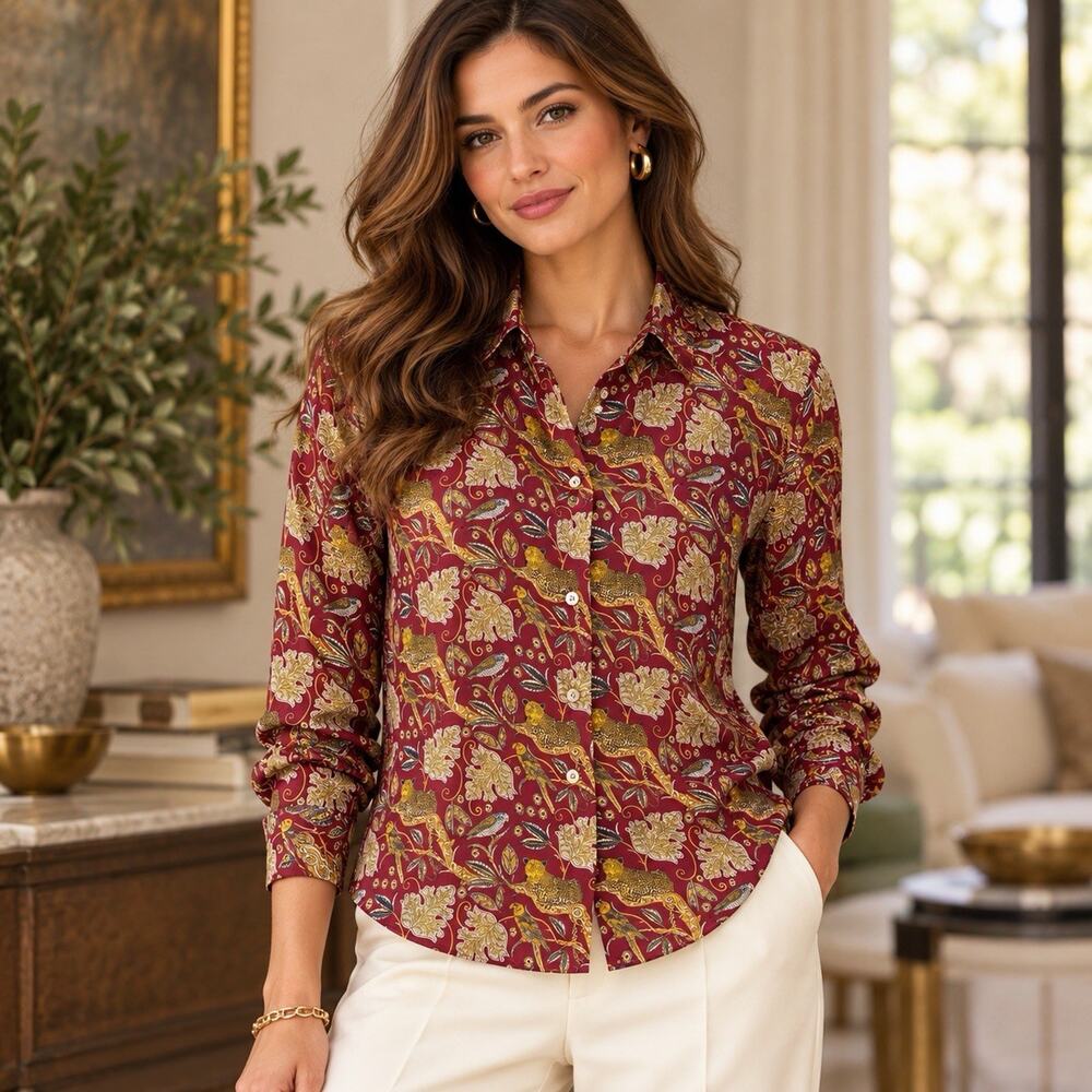 J.Crew Collection 100% Silk Twill Jungle Cat Print Shirt Burgundy Leopard Size 8